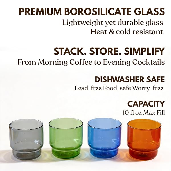 ELEMENT LABS BODEGA GLASSES SET – STACKABLE BOROSILICATE GLASS CUPS – FOR WINE COCKTAILS MOCKTAILS – MODERN BARWARE GIFT – LIGHTWEIGHT DURABLE DISHWASHER SAFE (SMALL, 8OZ)