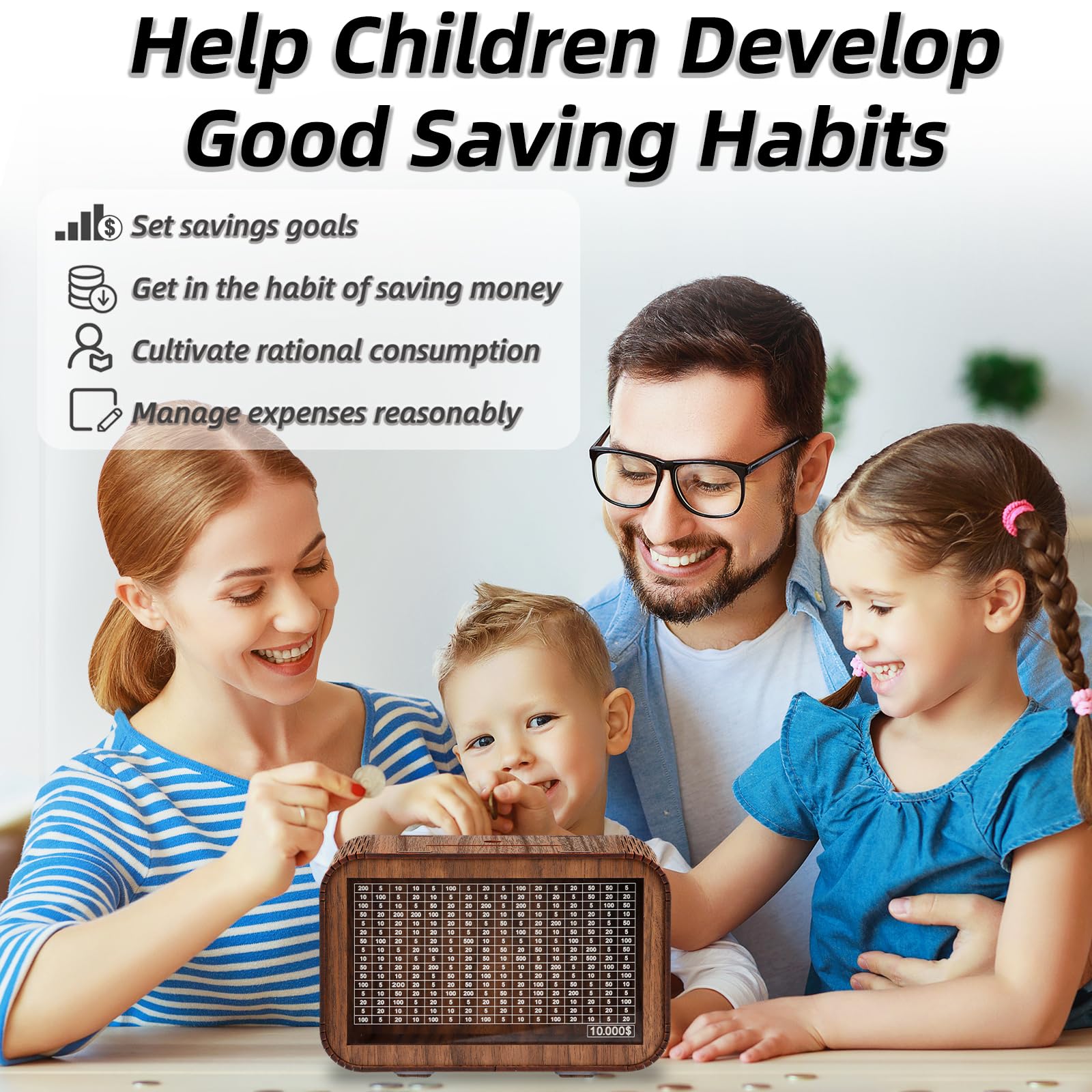 4-in-1 Piggy Bank for Adults Kids - Fully Assembled Wooden Money Saving Challenge Box(1000/3000/5000/10000) - Money Bank with Counter and Dry Erase Pen - Kakeibo Money Box for Cash Coin - BestGift