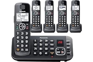 Panasonic DECT 6.0 Expandable Cordless Phone System with Answering Machine and Enhanced Noise Reduction - 5 Handsets - KX-TGE645M (Metallic Black)