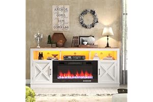jiteentarou Farmhouse Fireplace TV Stand for 70/75/80 Inch TV, 32”Tall Entertainment Center w/ 36”Electric Fireplace and LED Light, 70”Media Console w/Barn Door Cabinet for Living Room, White