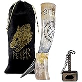 FENRIR Viking Drinking Horn 16oz With Stand Opener For Ale Mead Beer Gift for Men and Women 100% Authentic Handmade Polished Finished Odin & Vegvisir Engraved
