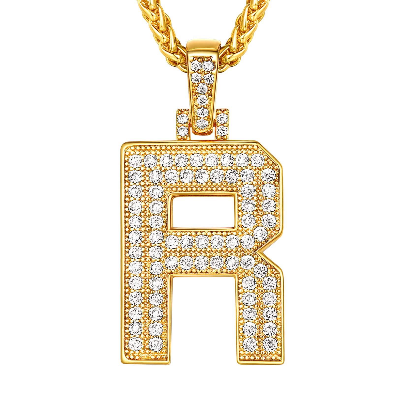 Suplight Simulated Diamond Chain for Men with Pendent, R Chain Necklace, Womens Mens Letter Pendant Necklaces, Rapper Bling Jewelery, Gold Plated Chain Initial Necklace
