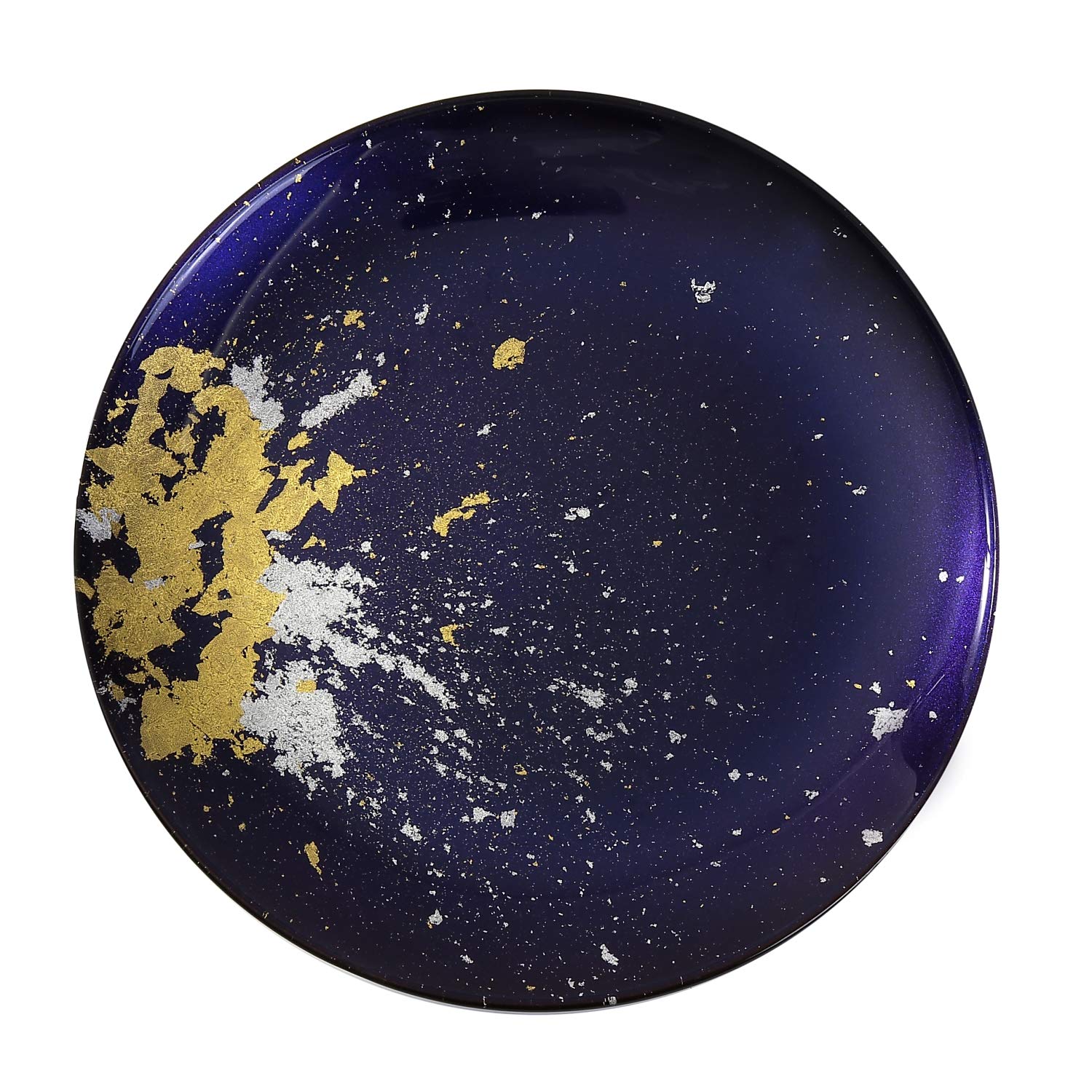 Syosaku Japanese Urushi Glass Flat Dinner Plate Φ11-inch Majestic Blue with Gold Leaf, Dishwasher Safe