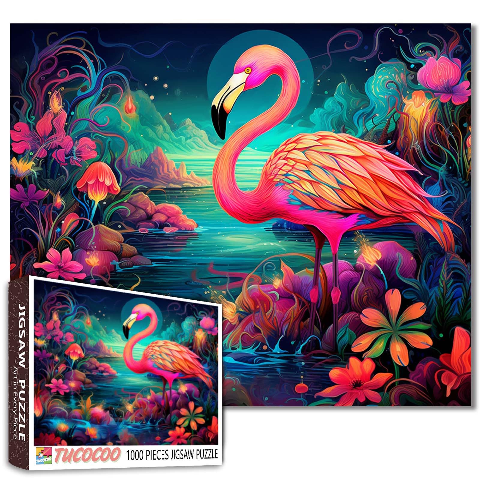 Tucocoo Pink Flamingo Jigsaw Puzzle 1000 Pieces Puzzles for Adults, Mountain Lake Abstract Animal Art Jigsaw Puzzles for Challenging Family Activity Games Colorful DIY Puzzle for Home Decor Gifts
