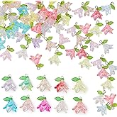 60Pcs Acrylic Flower Charms for Jewelry Making 10 Colors Lily Floral Pendants Dangle Charm with Pearl Leaf Beads for Earrings Necklace Bracelet DIY Craft Accessories Supplies