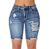 roswear Women's High Waisted Stretchy Denim Bermuda Shorts Ripped Casual Summer Jean Shorts