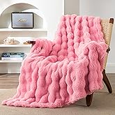 EXQ Home Fluffy Faux Rabbit Fur Throw Blanket for Couch, Soft Luxury Bubble Double Sided Plush Blanket, Cozy Thick Warm Fuzzy Decorative Blanket for Bed Chair Sofa Living Room,50"X60"(Dark Pink)