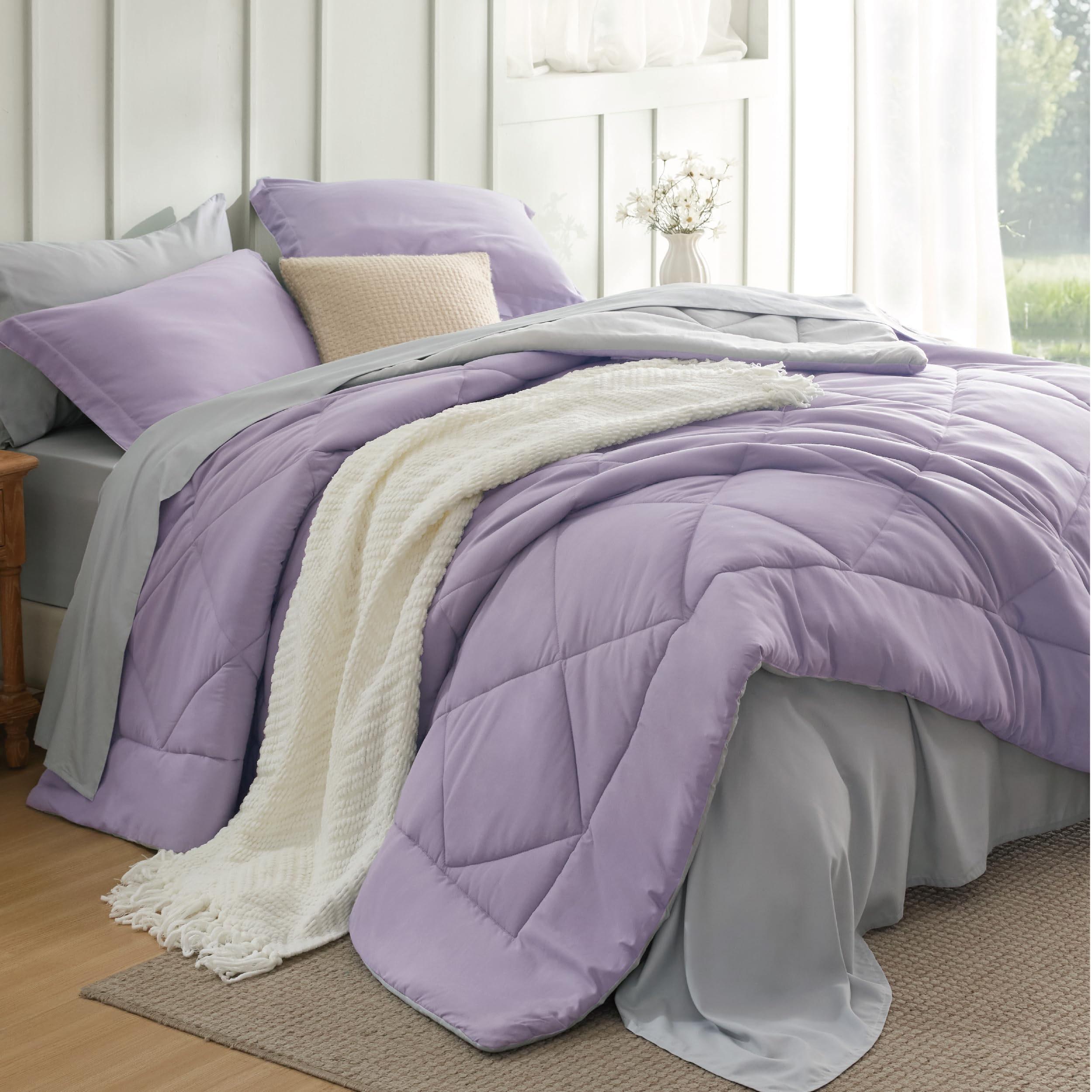 Photo 1 of Bedsure Full Size Comforter Set - 7 Pieces Reversible Light Purple Bedding, Full Size Bed Set for All Seasons, Bed in a Bag with Down Alternative Comforter, Sheets, Pillowcases & Shams