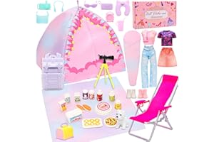 34 Pcs Doll Travel Camping Tent Playset for 11.5 Inch Girl Dolls Includes Clothes, Tent, Telescope, Backpack, Sleeping Bag & 