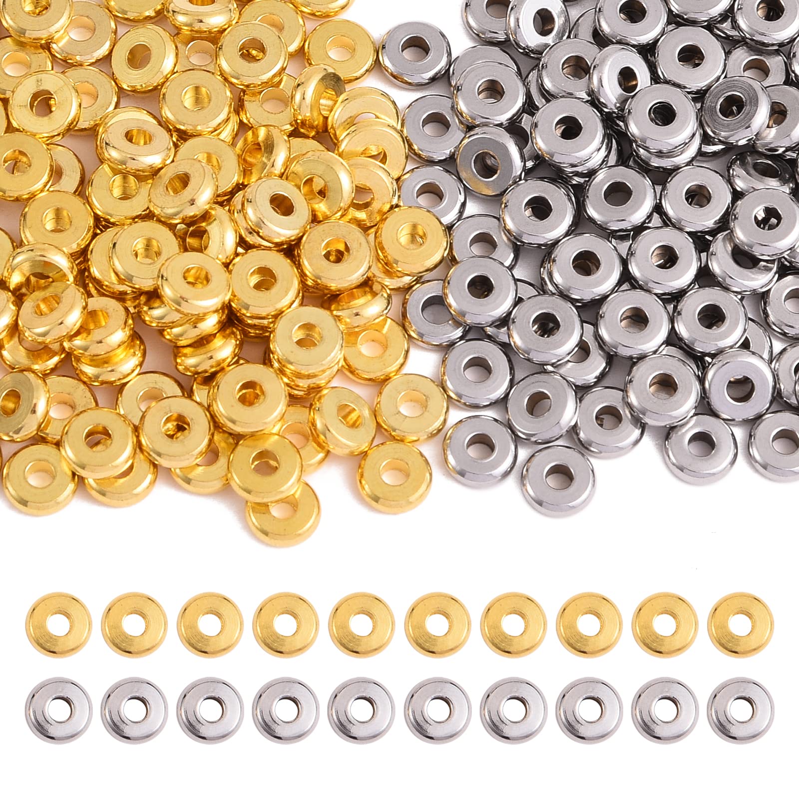 WEWAYSMILE 200 pcs 6mm Brass Disc Spacer Beads, Small Hole Flat Metal Spacers, Stainless Steel Flat Round Spacer Beads, for DIY Bracelet Necklace Jewelry Earring Crafts Making (Gold and Silver)