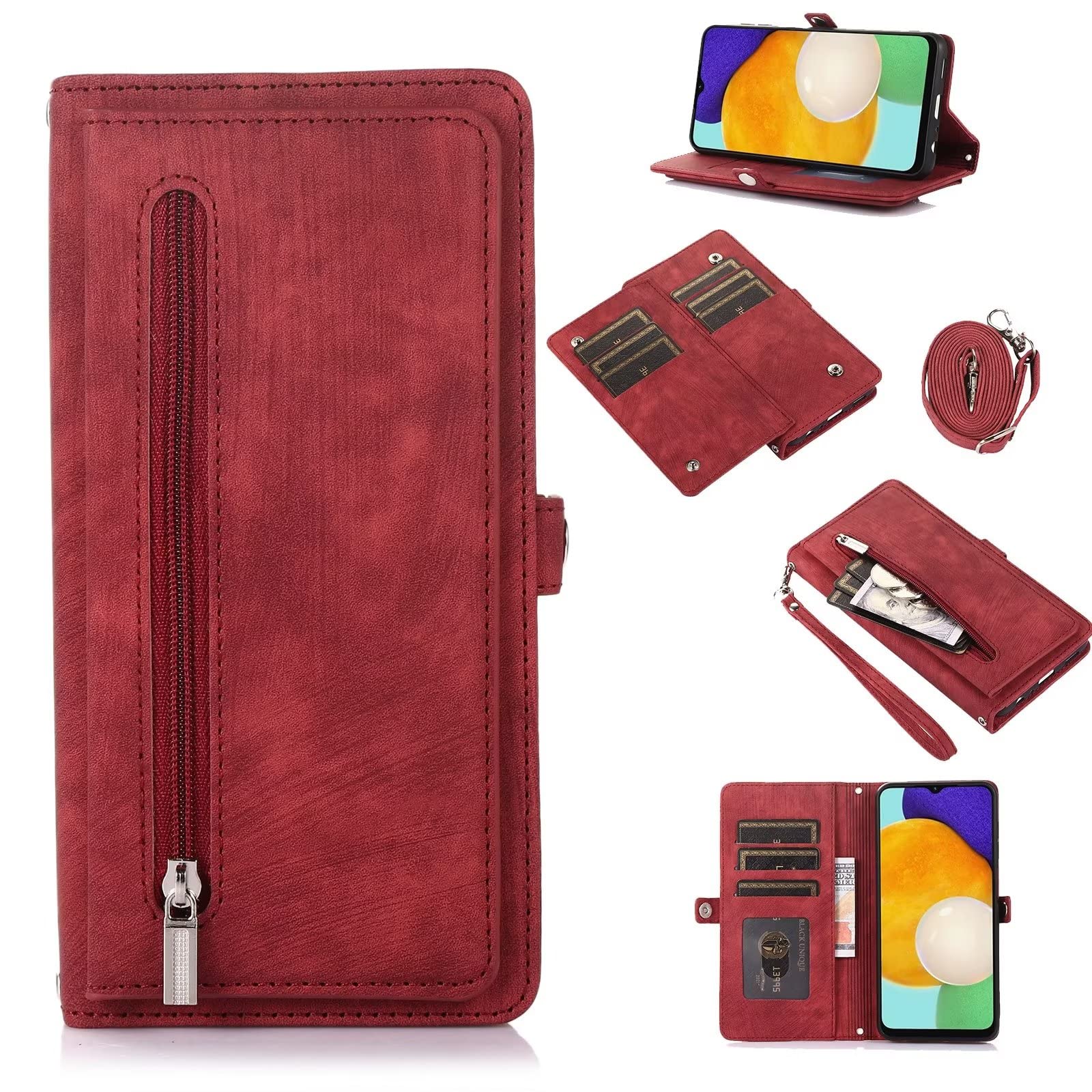 ESONG Case for Xiaomi Redmi Note 12 Pro+,Premium Leather Flip Zipper Wallet Cover with[9 Card Slots][Magnetic Closure][Wrist Strap][Kickstand]Full Body Protection Crossbody Phone Case,red