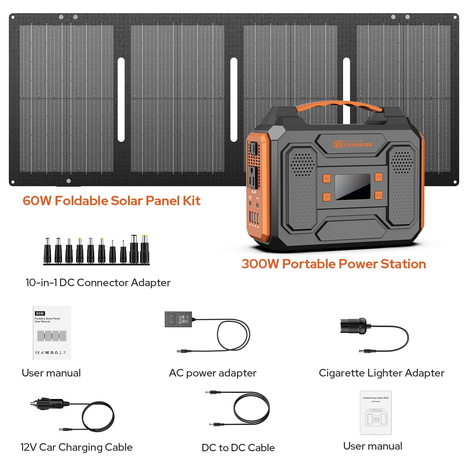 Portable Solar Generator, 300W Portable Power Station with Foldable 60W Solar Panel, 110V Pure Sine Wave 280Wh Lithium Battery Pack with USB DC AC Outlet for Home Use RV Van Outdoor Camping-Orange