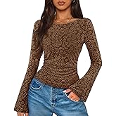 MEROKEETY Women's Bell Long Sleeve Shirts 2025 Fall Floral Going Out Tops Slim Fit Y2k Clothes Outifts