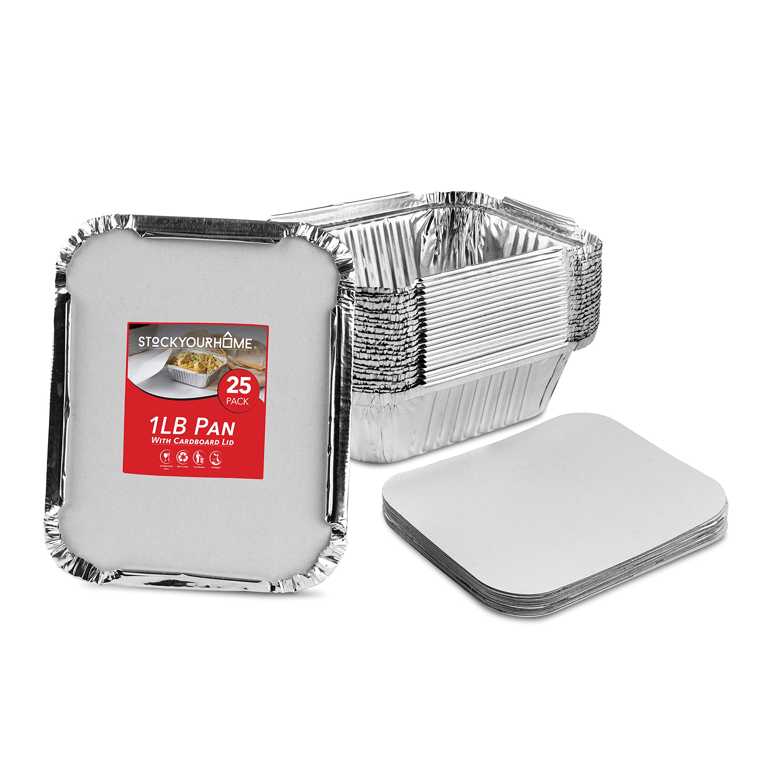 Stock Your Home1 Lb Aluminum Disposable Cookware With Lids (25 Pack) - Foil Pans Cardboard Lids - Disposable & Recyclable Takeout Trays With Lids - Food Containers For Restaurants, Catering, Delis