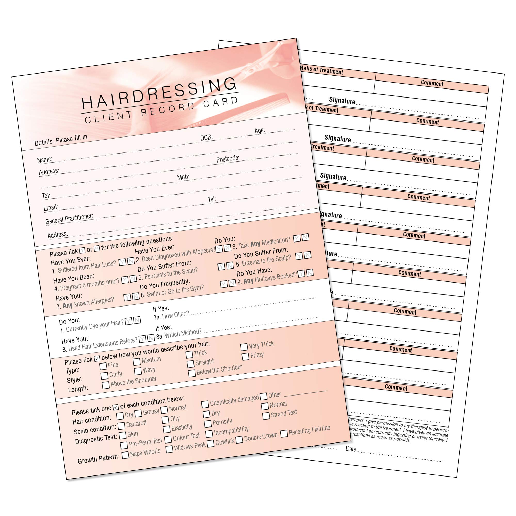 Hairdressing Client Record Card - Treatment Consultation Form for Mobile Therapists & Salons A5 Pack of 50 - Portrait