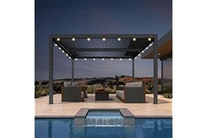 PURPLE LEAF Louvered Pergola 12' x 12' Outdoor Retractable Modern Hardtop Full Aluminum Pergola with Adjustable Rainproof Roof and 24 White LED String Lights for Patio Deck Backyard Slate Grey