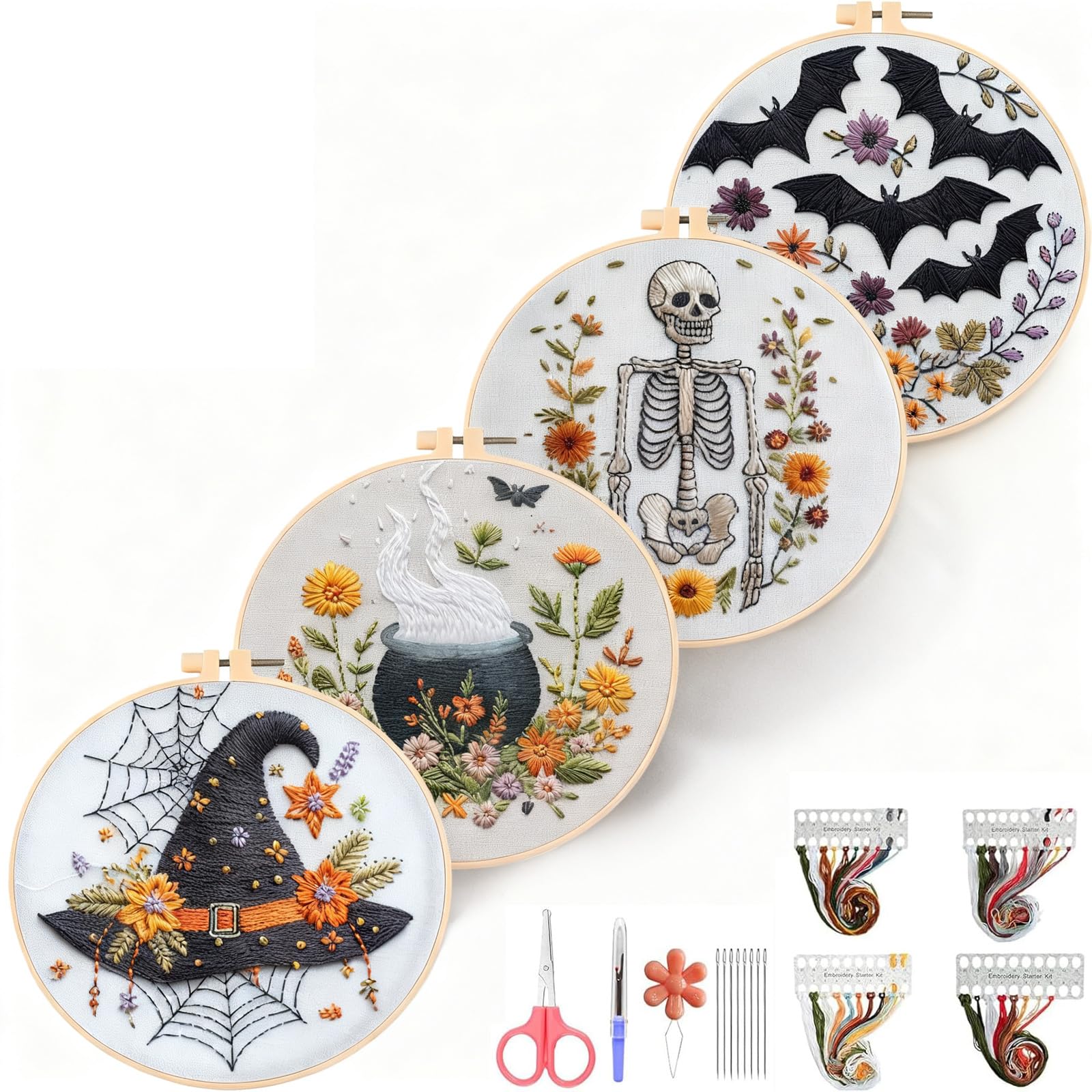Photo 1 of (4 Set) Halloween Embroidery Kit, Gothic Halloween Embroidery Starter Kit for Beginners Adults, Stamped Cross Stitch Kit Needlepoint Kit, DIY Adult Craft Kit