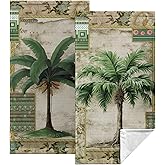 Tropical Palm Tree Hand Towels Set of 2 Summer Vintage Green Leaves Kitchen Towels Hawaii Jungle Plant Tree Bath Towel Botanical Monstera Dish Towels Soft Absorbent Fingertip Towel for Bathroom
