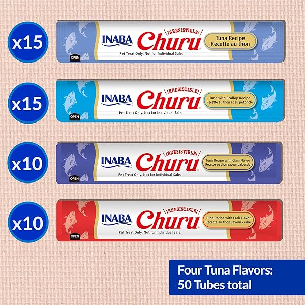 INABA CHURU CAT TREATS, GRAIN-FREE, LICKABLE, SQUEEZABLE CREAMY PURÉE CAT TREAT/TOPPER WITH VITAMIN E & TAURINE, 0.5 OUNCES EACH TUBE, 50 TUBES, TUNA & SEAFOOD VARIETY