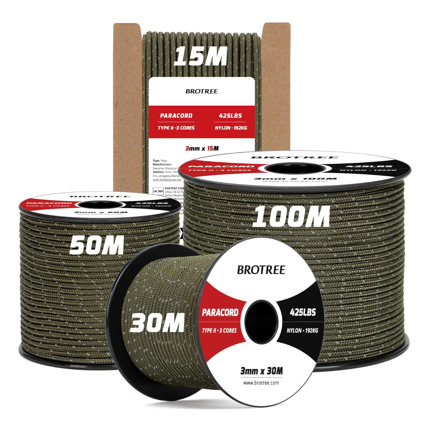 Brotree 3mm Paracord 425 100% Nylon 100M Rope 3 Strands Type II Parachute Cord for Outdoor, Craft, DIY - 192kg Breaking Load (Reflective Army Green)