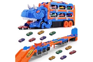 GIGART Dinosaur Race Track Toys for Kids 3-5,Monster Truck Toys with 8 Diecast Racing Cars,Transport Carrier Truck Set for Toddlers 2-8 Years for Kids Boys Girls Birthday Gifts (Blue)