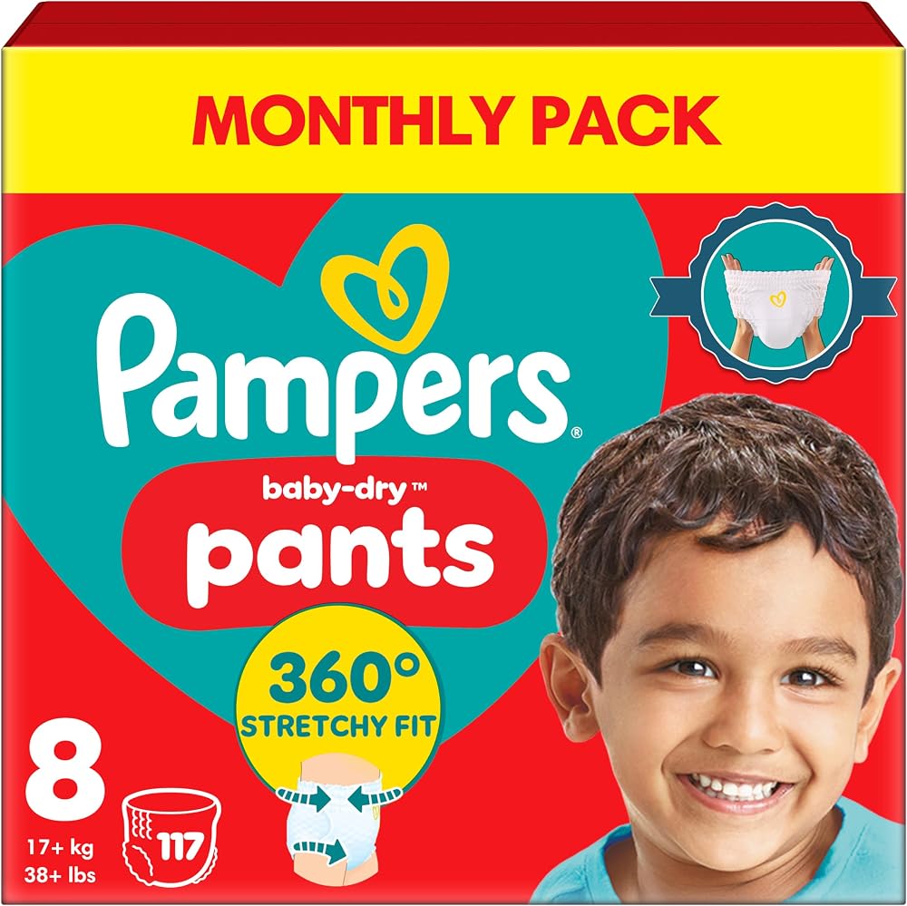 Pampers Baby-Dry Nappy Pants Size 8 117 Nappies 17kg+ 360° Fit Monthly Pack