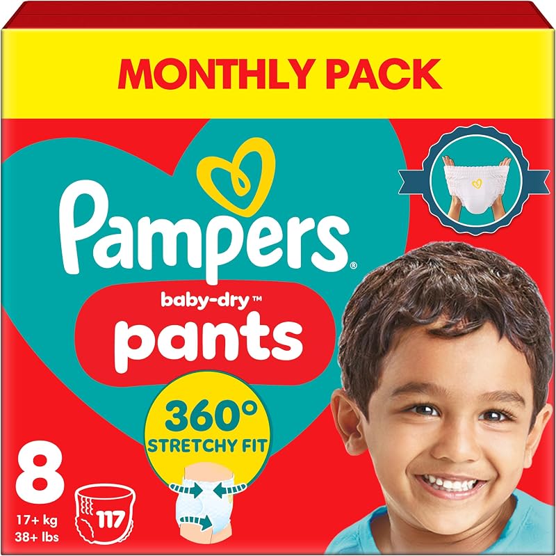 Pampers Baby-Dry Nappy Pants Size 8 117 Nappies 17kg+ 360° Fit Monthly Pack