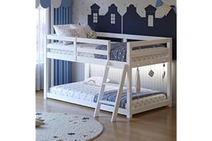 Vantic Low Bunk Bed with Guardrail and LED Light, Floor Toddler Bunk Bed Twin Over Twin with Wide Stairs, Convertible Soild Wooden Loft Bed for Kids with 6 Hooks, Space-Saving, White