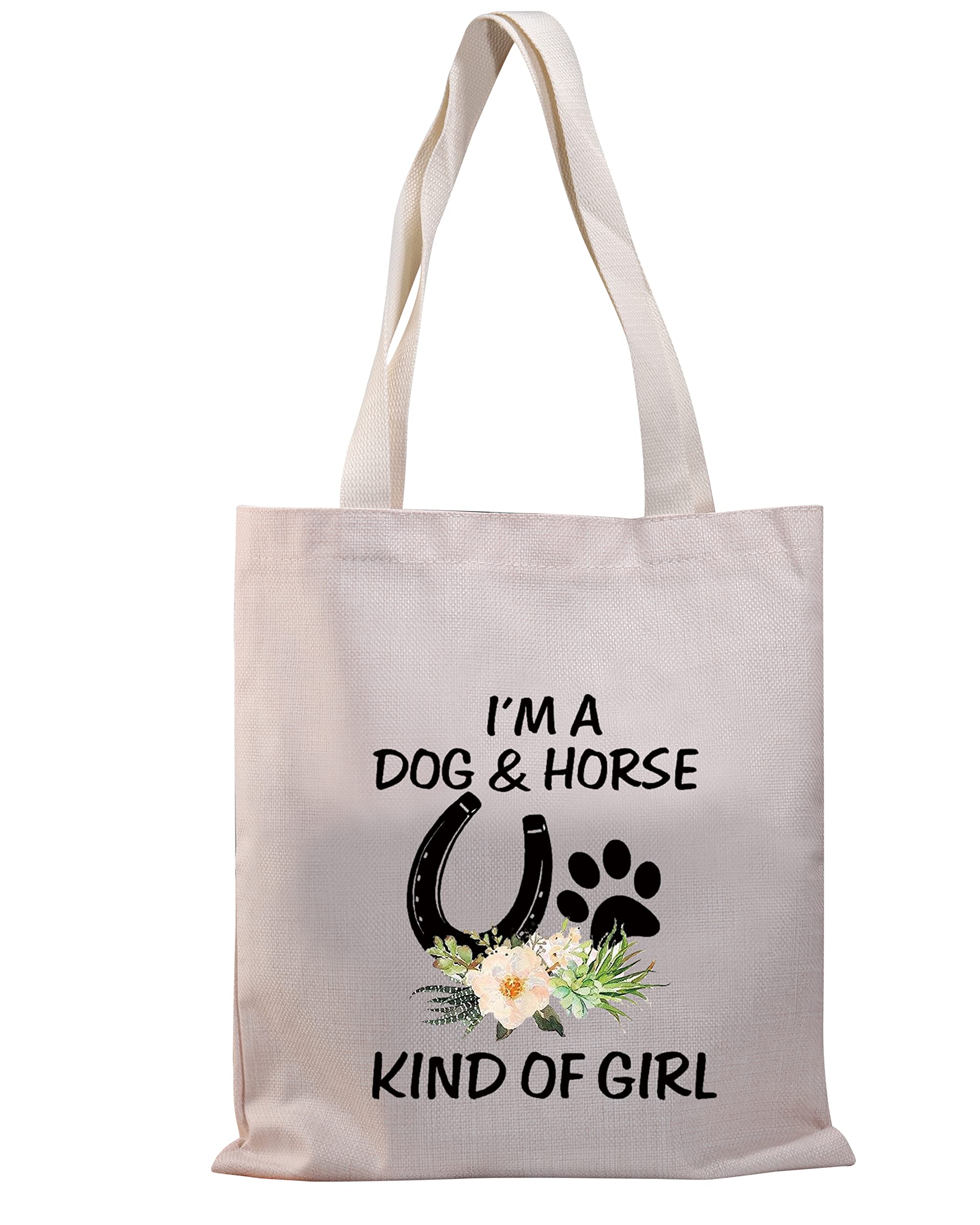 PLITI Dog Lover Gift Horse Tote Bag For Women I'm a Dog And Horse Kind Of Girl Paw Print Horseshoe Gift(Dog horse girl TGU)