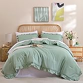JANZAA Full Size Comforter Sage Green 3PCS 1 Ruffled Comforter Set and 2 Pillow Cases Fluffy Vintage Farmhouse Shabby Chic Bedding Soft All Season