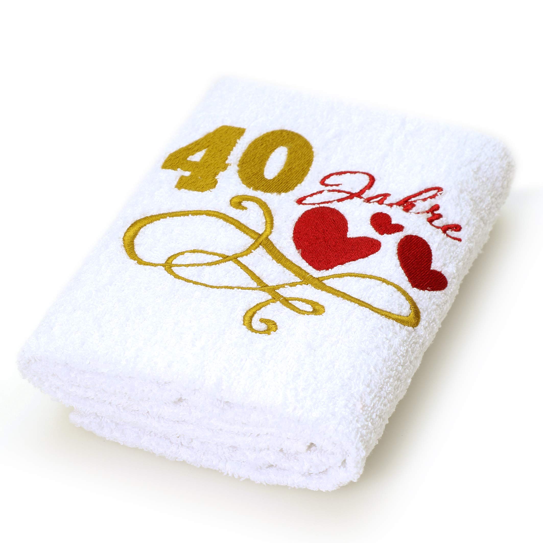 40th Birthday Gift Towel with Embroidered Hearts and 40 Years for Women and Ladies - 40th Anniversary Gift Idea