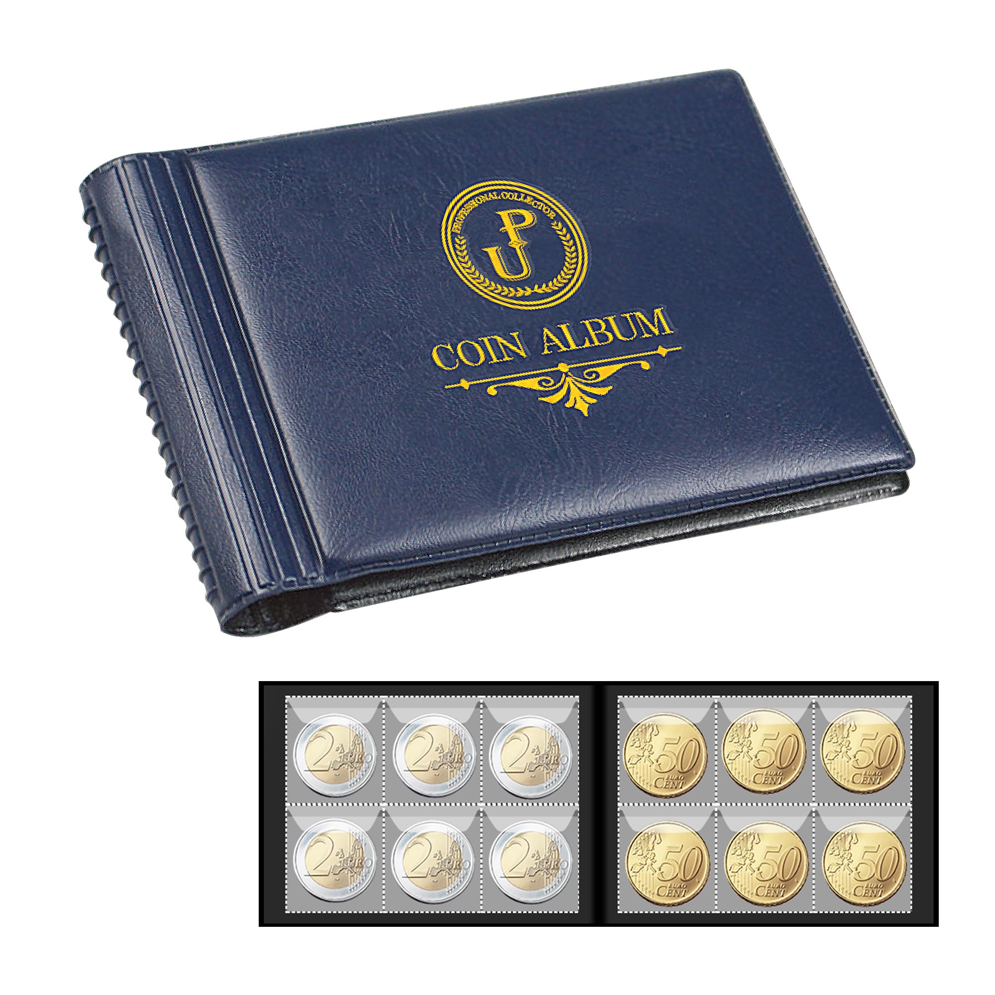 Coin Collection Album 60 Pockets - 35x35mm/ 1.4x1.4 in Grids for Penny Collection & Storage Fits Toonie, Dime, Pence, Cents, Quarter, Nickel Blue CS4206BL