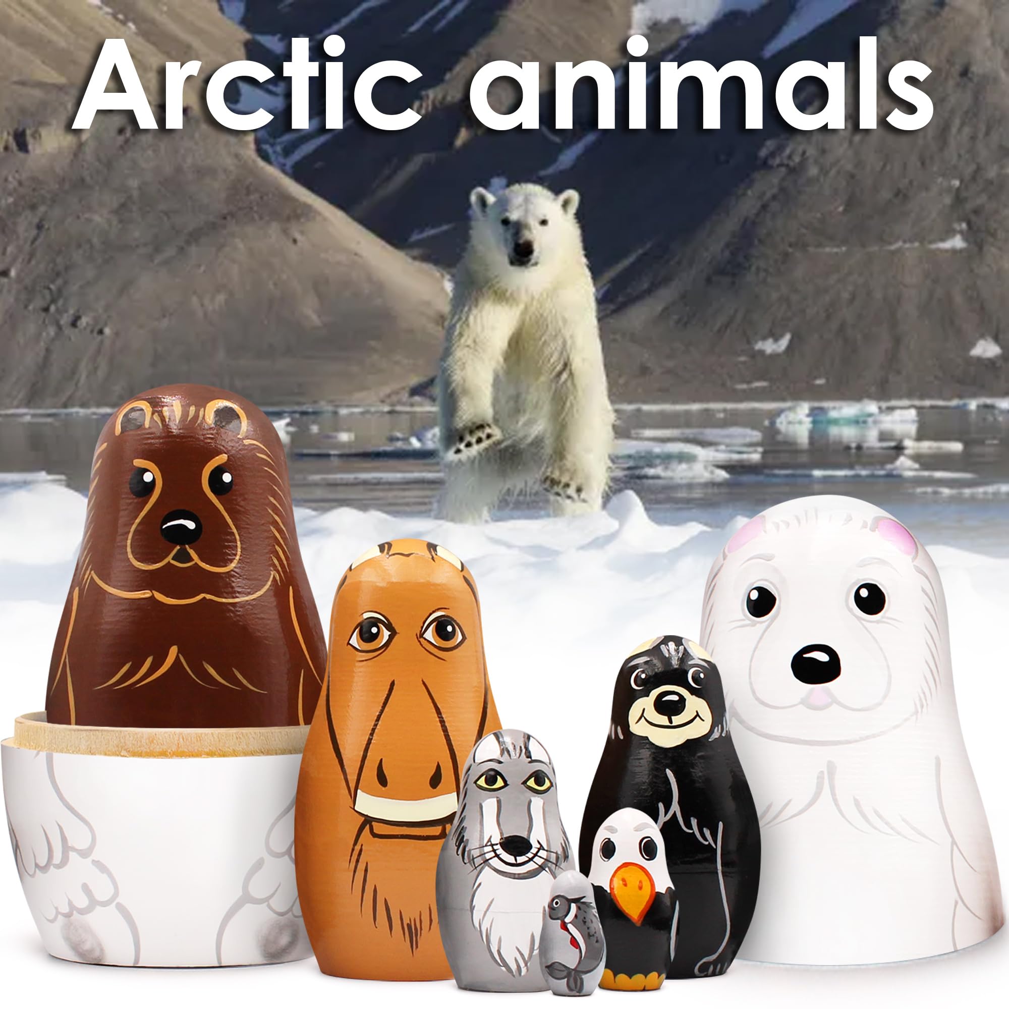Wooden Animal Nesting Dolls Set of 7 pcs - Matryoshka Polar Animals Figurines - North American Animals Alaska Souvenirs