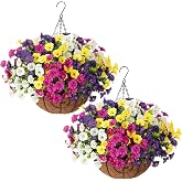 Ivydale 2 Set Artificial Fake Hanging Flowers Plants Baskets for Outdoors Outside Decor, UV Resistant 24 Pcs Faux Silk Morning Glory with 2 Outdoor Hanging Planters Look Real for Porch Patio Balcony