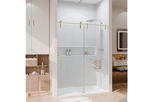 KULLAVIK Shower Door 56-60" W × 76" H Glass Shower Door with 5/16"(8mm) Clear Tempered Glass,Frameless Shower Doors with Handle and Seal Strip for Waterproof,Sliding Shower Doors in Stylish and Modern,Gold