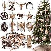 Amyhill 36 Pcs Western Christmas Ornaments Cowboy Cowhide Leather Decor | Wooden Christmas Cowboy Ornaments for Christmas Tree Hanging Decor with Strings Hat Cactus Horseshoe Boots Farmhouse Gifts