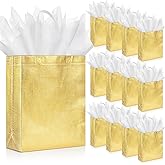 Sweetude 50 Pcs Reusable Gift Bags with Handles Grocery Gift Bags with Tissue Paper Glitter Shopping Bags for Present Birthday Wedding Party(Gold, 8 x 4 x 10 Inch)