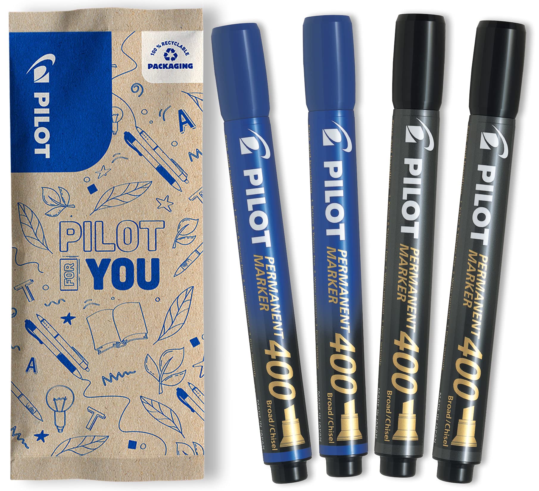 PILOT Pen Permanent Marker 400 with Chisel Tip, Set of 4 (Blue, Black)