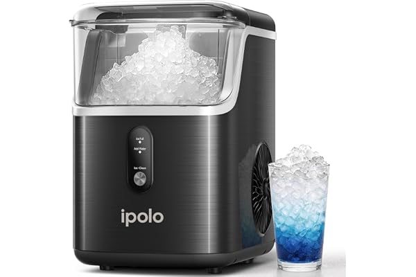 ipolo Nugget Ice Maker Countertop: 33lb/Day, Self-Cleaning, Black Stainless Steel, Portable, Soft Chewable Pebble Ice Machine for Home Kitchen, RV & Office