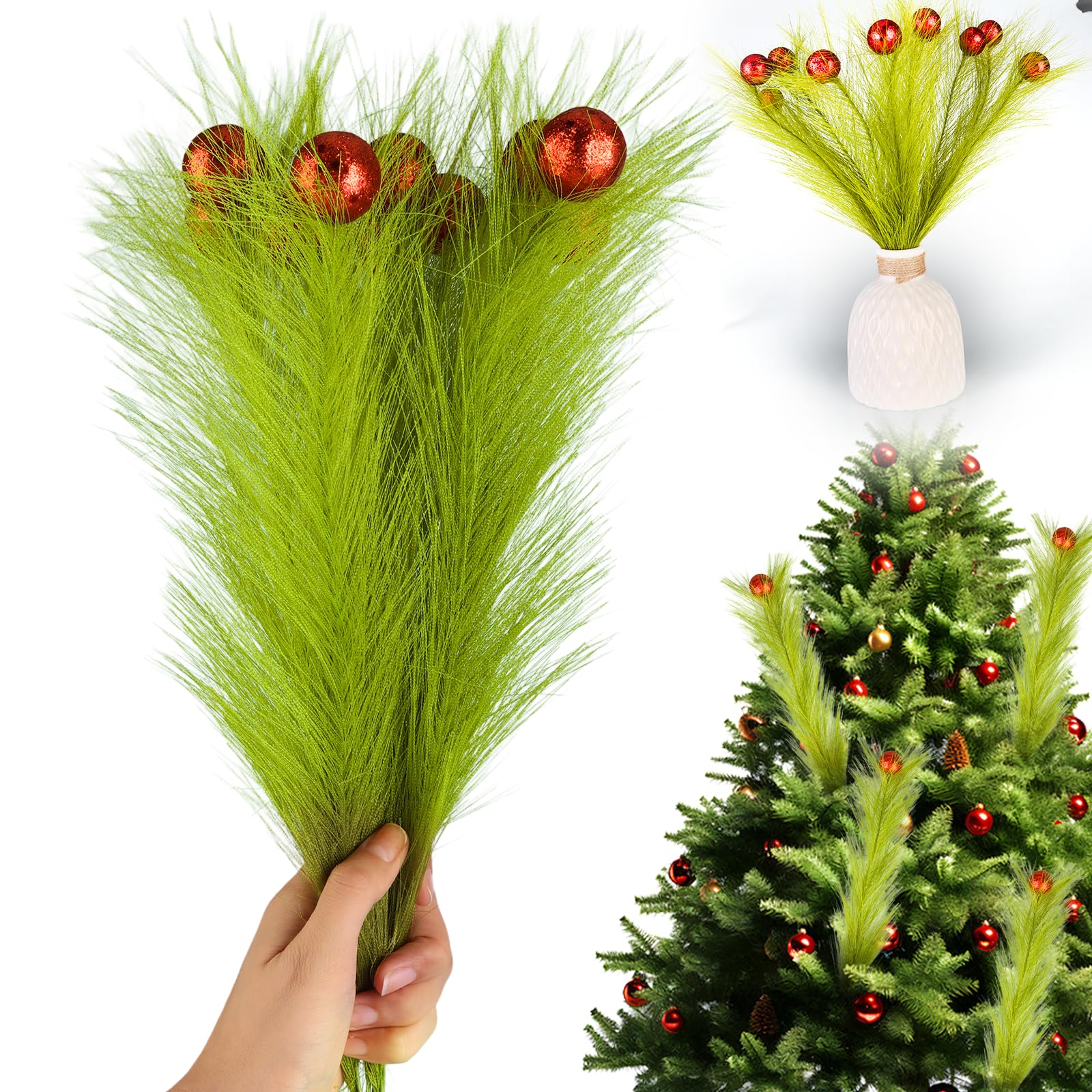 Photo 1 of 10 PCS 17'' Christmas Tree Topper Lime Green Curly Tree Picks with Red Ball Xmas Artificial Green Stems for Christmas Home Wreath Craft Decoration Supplies
