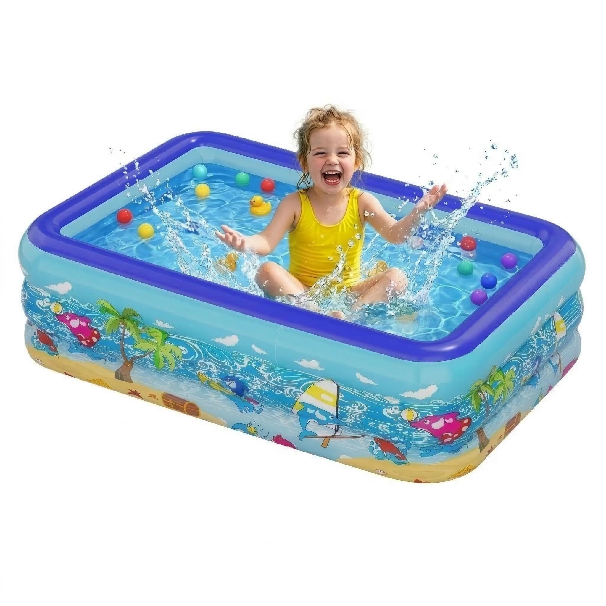 Vivyklfc Paddling Pool, 150x105x50cm Large Inflatable Rectangular Pool for Kids, 0.4mm Thick 3Ring PVC Bath Tub Pool with Soft Inflatable Floor, Non-Slip Ocean Design Swimming Pool for Garden Backyard