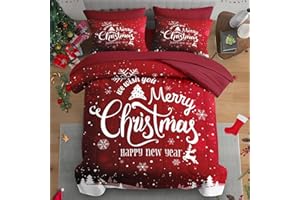 Pamnest Christmas 7 Pcs Comforter Set King Size, Christmas Red Xmas Bedding for Kids and Adults, Winter Snowflakes Happy Bed Sheet Sets with Fitted Sheet 2 Pillowcases & 2 Shams for Bedroom Bed Decor