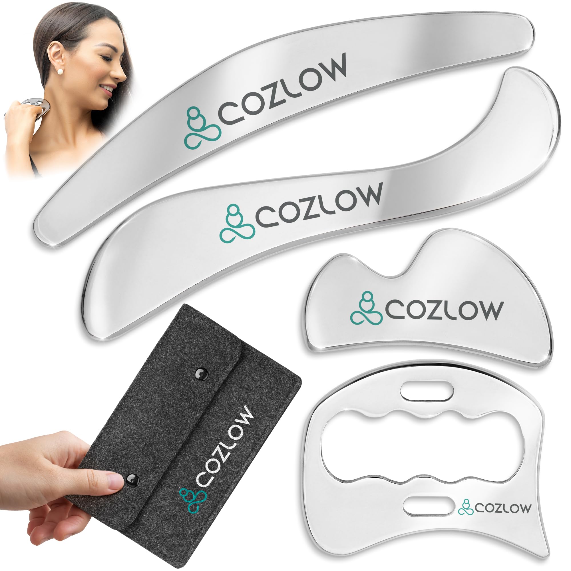 4-in-1 Stainless Steel Muscle Scraper Tool Set for IASTM Therapy - Skin Scraping Massage Tools for Soft Tissue Mobilization - Deep Tissue Gua Sha for Arms, Legs & Back - by Cozlow