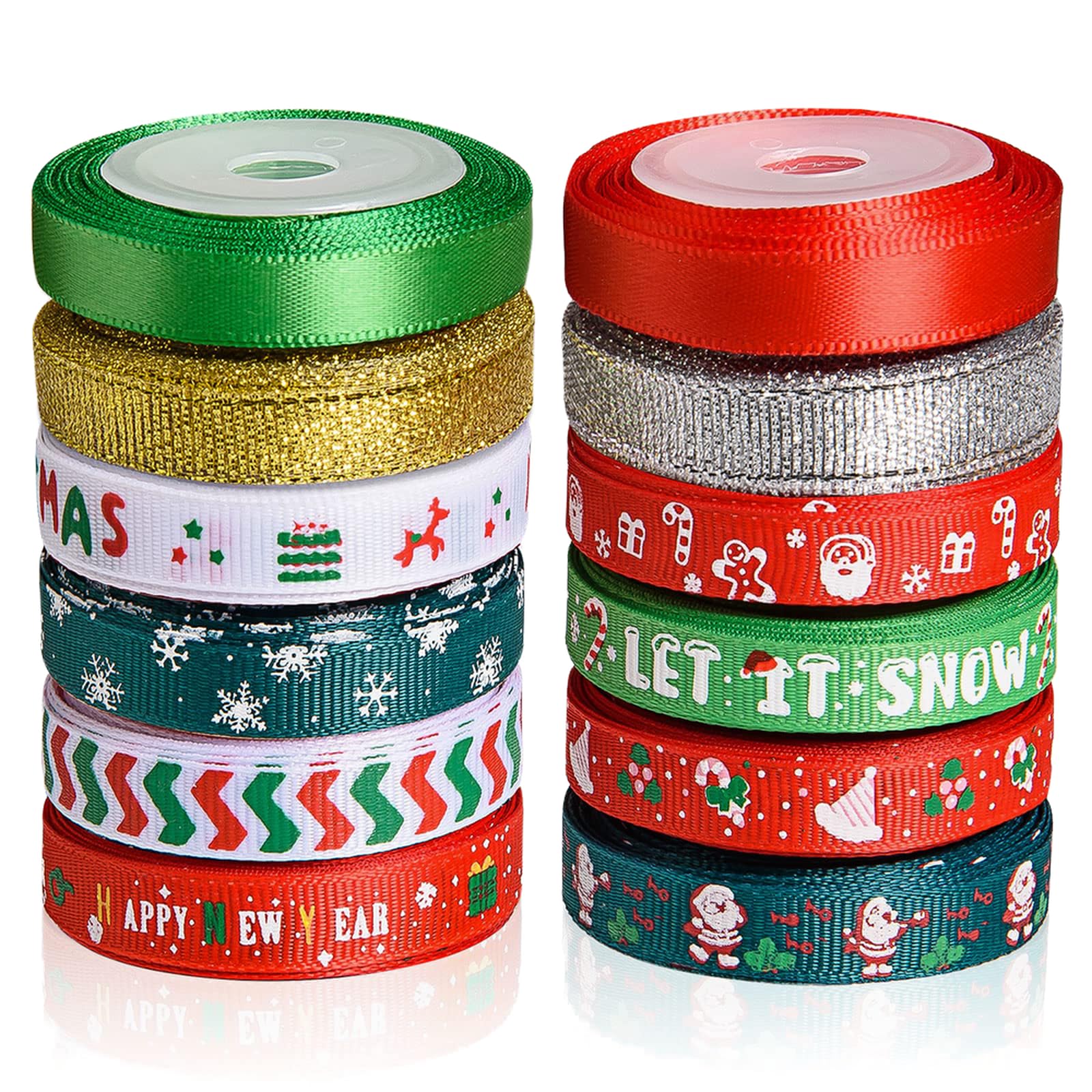 SANNIX 12 Rolls 60 Yard Christmas Ribbon for Gift Wrapping, 3/8 Inch Snowflake Santa Christmas Wrapping Ribbon Printed Grosgrain Satin Holiday Ribbons for Xmas Decoration DIY Crafts