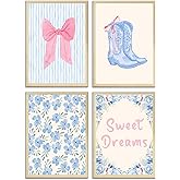 4pcs Trendy Preppy Wall Art Pink Bow Boots Blue And White Stripes pictures wall decor Sweet Dreams Blue Flowers Posters Prints Artwork for Home Bedroom Dorm Home Decration 8x10in Unframed
