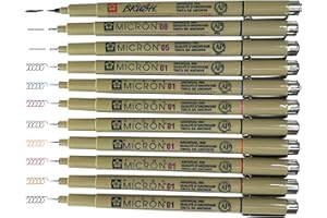 Sakura Pigma Micron Artist pens 12 Fineliner Archival Ink Black & Colors, 8 Assorted Colors with 4 Black (01, 05, 08, Brush P