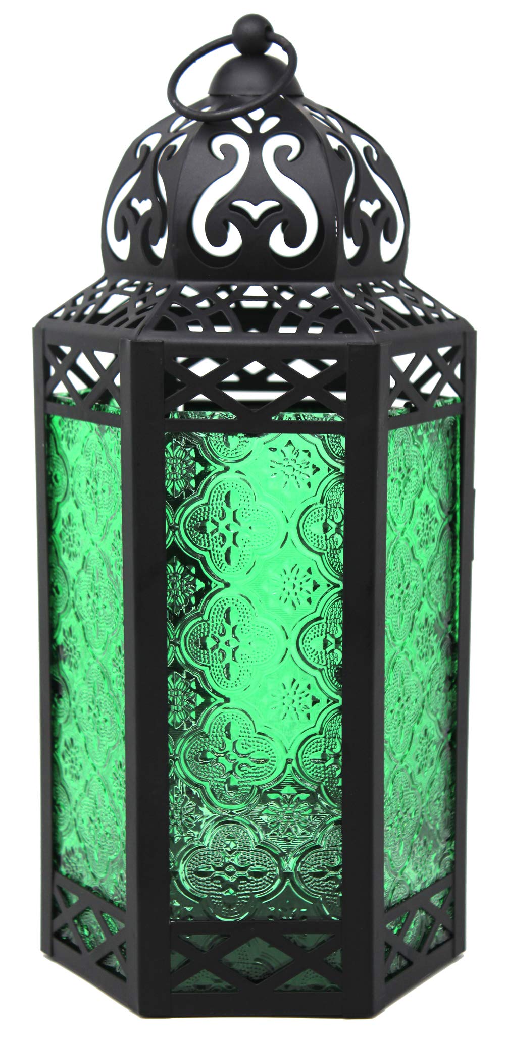 Black Metal Decorative Moroccan Lantern Candle Holder Lamp for Indoor or Outdoor Home Decor, Large, Green