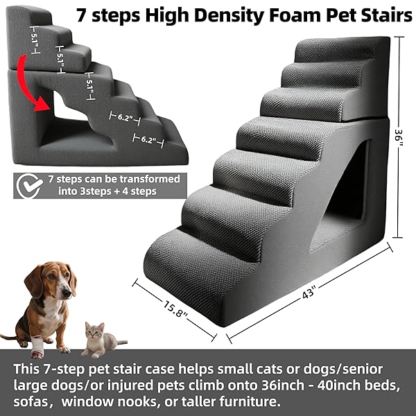 7 STEP PET STAIRS RAMP FOR HIGH BEDS SOFAS 22-42 INCH, NON-SLIP DOG STAIRS FOR SMALL OLD MEDIUM LARGE XL DOGS CATS, STURDY 75 POUNDS 33D FOAM BALANCED 6-TIER LADDER WITH MACHINE WASHABLE COVER
