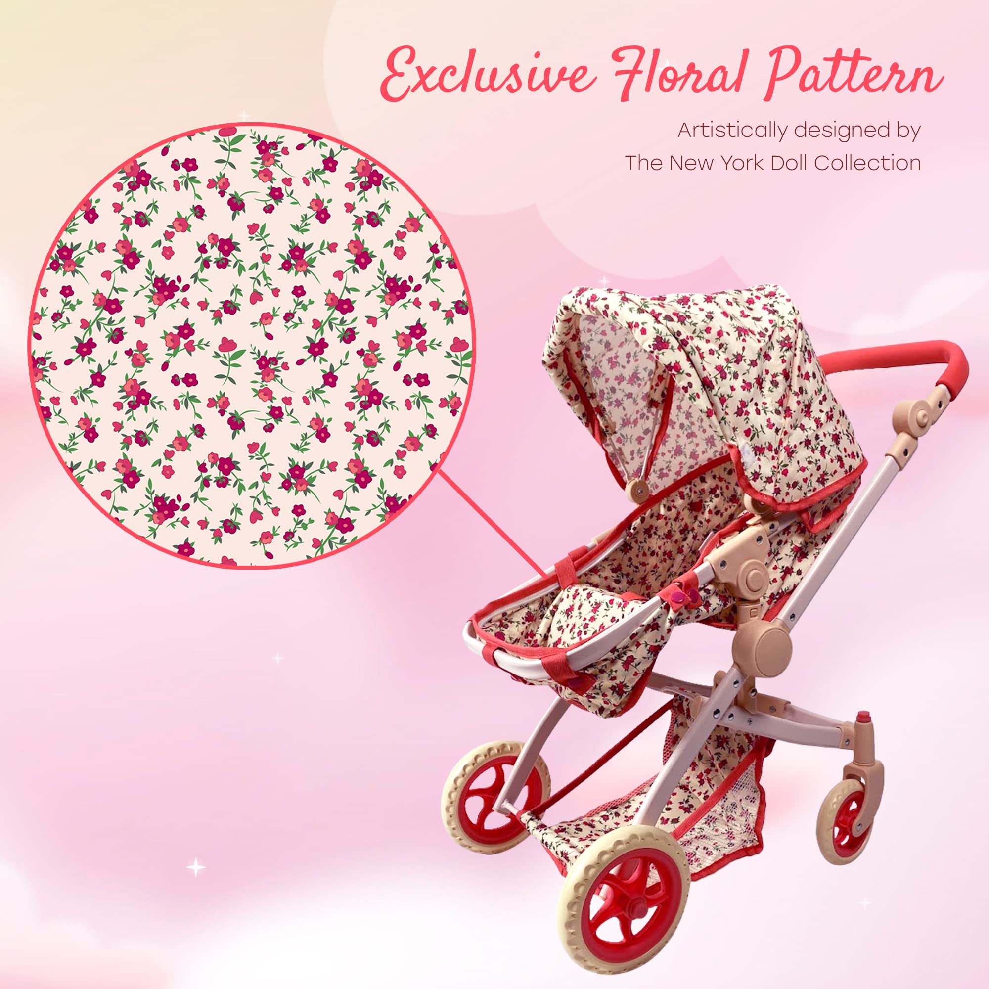 Convertible Combo Baby Doll Stroller for 3 Year Old Girls & Up | Play Toy Baby Stroller for Dolls, Folding Adjustable Bassinet Carriage Buggy with Storage Basket Converts to Sit Up Pushcart Pram, Red