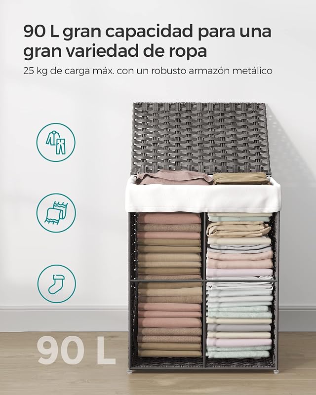Cesto de Ropa Sucia, 90 L, Ratán Sintético, con Tapa, Plegable